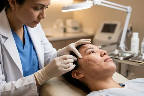 Dermatologista avaliando cicatrizes de acne em paciente para procedimento de subcisão