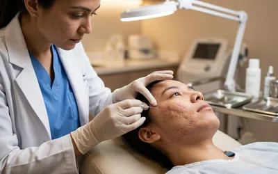 Dermatologista avaliando cicatrizes de acne em paciente para procedimento de subcisão