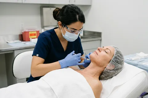 Perfil de paciente mostrando região do pescoço e mandíbula em consultório dermatológico