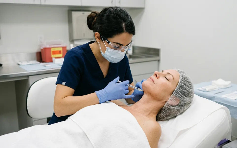 Perfil de paciente mostrando região do pescoço e mandíbula em consultório dermatológico