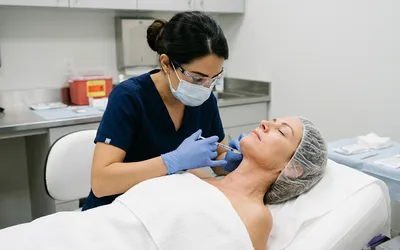 Perfil de paciente mostrando região do pescoço e mandíbula em consultório dermatológico