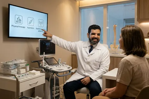 Especialista em medicina da dor realizando avaliação de paciente com dor crônica