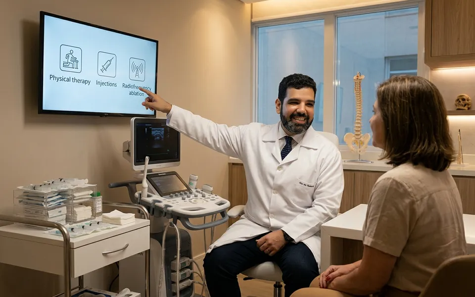Especialista em medicina da dor realizando avaliação de paciente com dor crônica