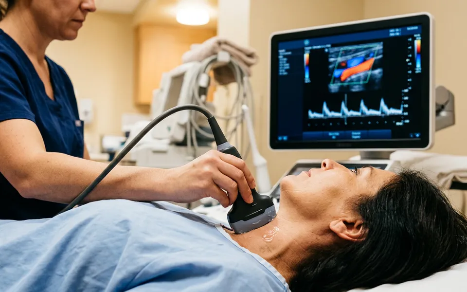 Monitor de ultrassonografia e doppler em contexto diagnóstico premium