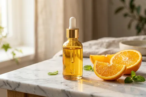 Sérum de vitamina C em frasco âmbar sobre bancada de consultório dermatológico