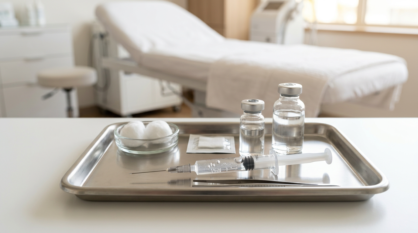 Seringa de ácido hialurônico sobre bandeja estéril em consultório dermatológico