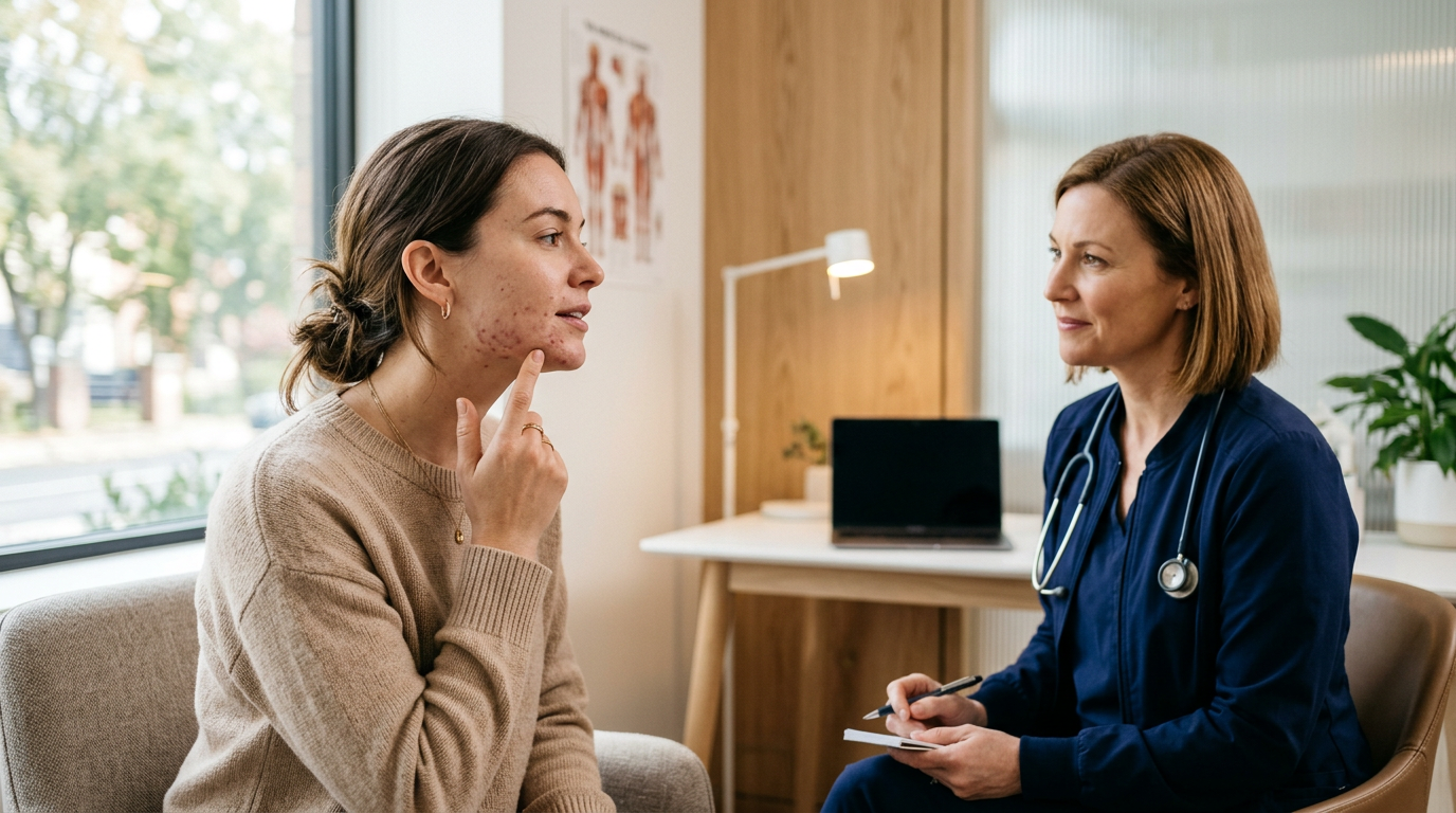 Mulher adulta em consulta dermatológica para avaliação e tratamento de acne hormonal
