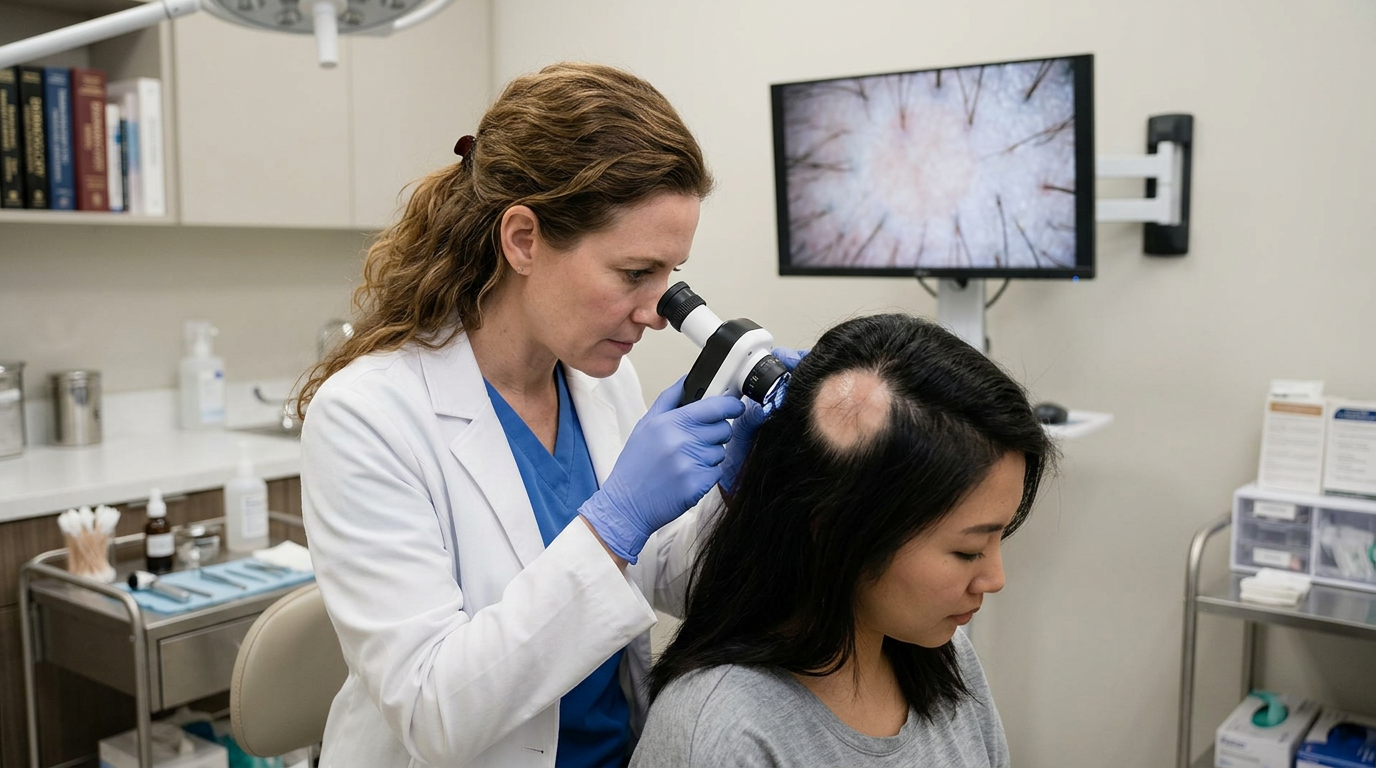 Dermatologista examinando couro cabeludo de paciente com alopecia areata