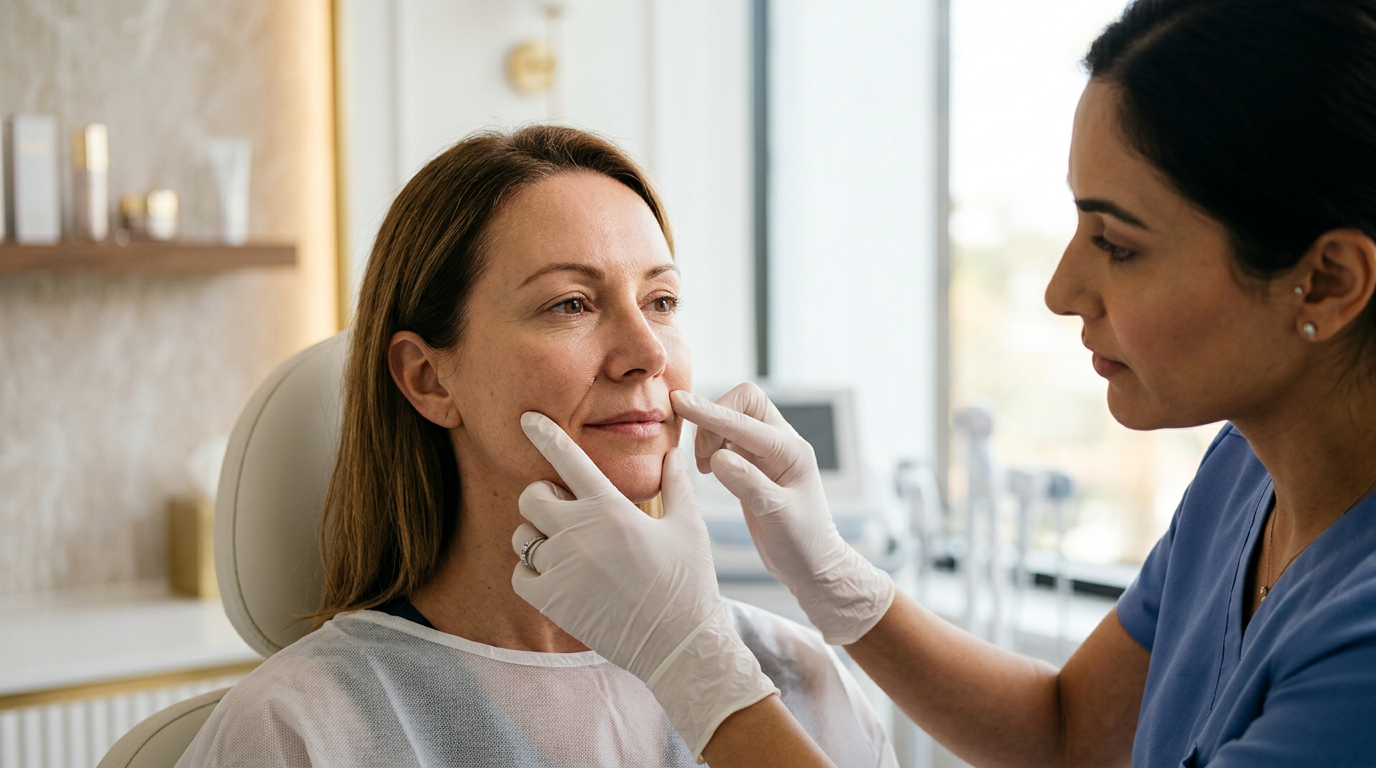 Dermatologista avaliando região do sulco nasogeniano de paciente