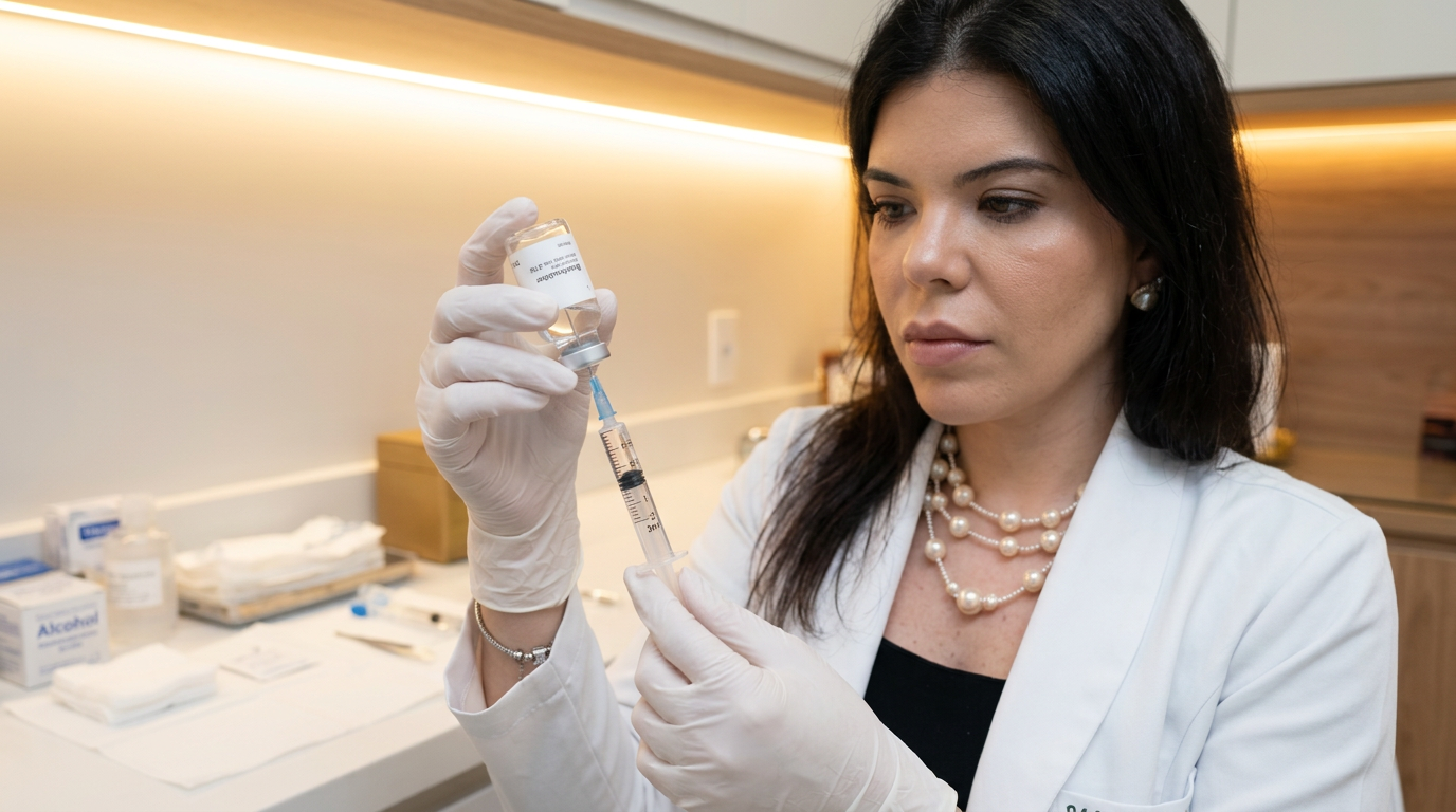Profissional de saúde apresentando tratamento com bioestimuladores de colágeno em consultório