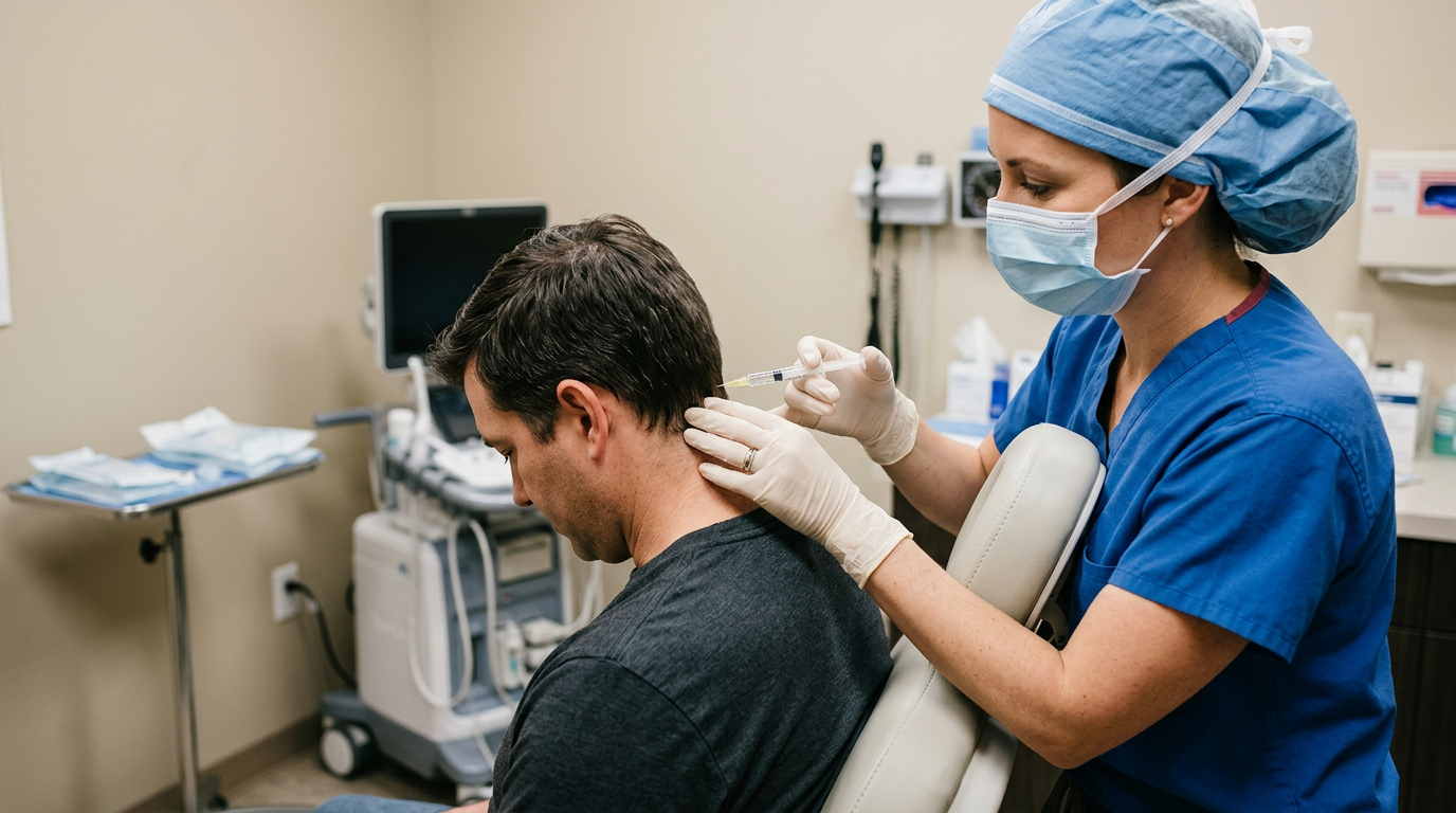 Médico realizando bloqueio do nervo occipital em paciente com enxaqueca
