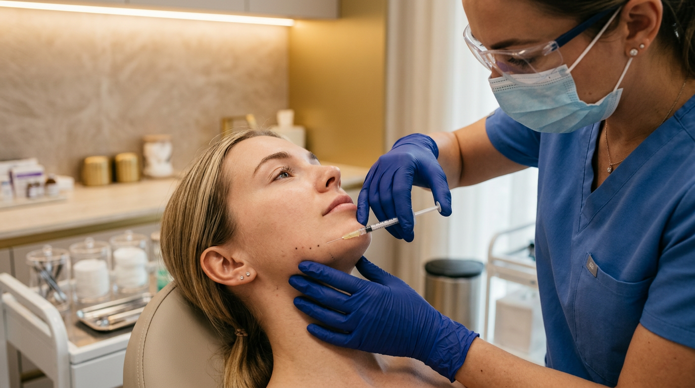 Médica aplicando toxina botulínica na região do masseter de paciente