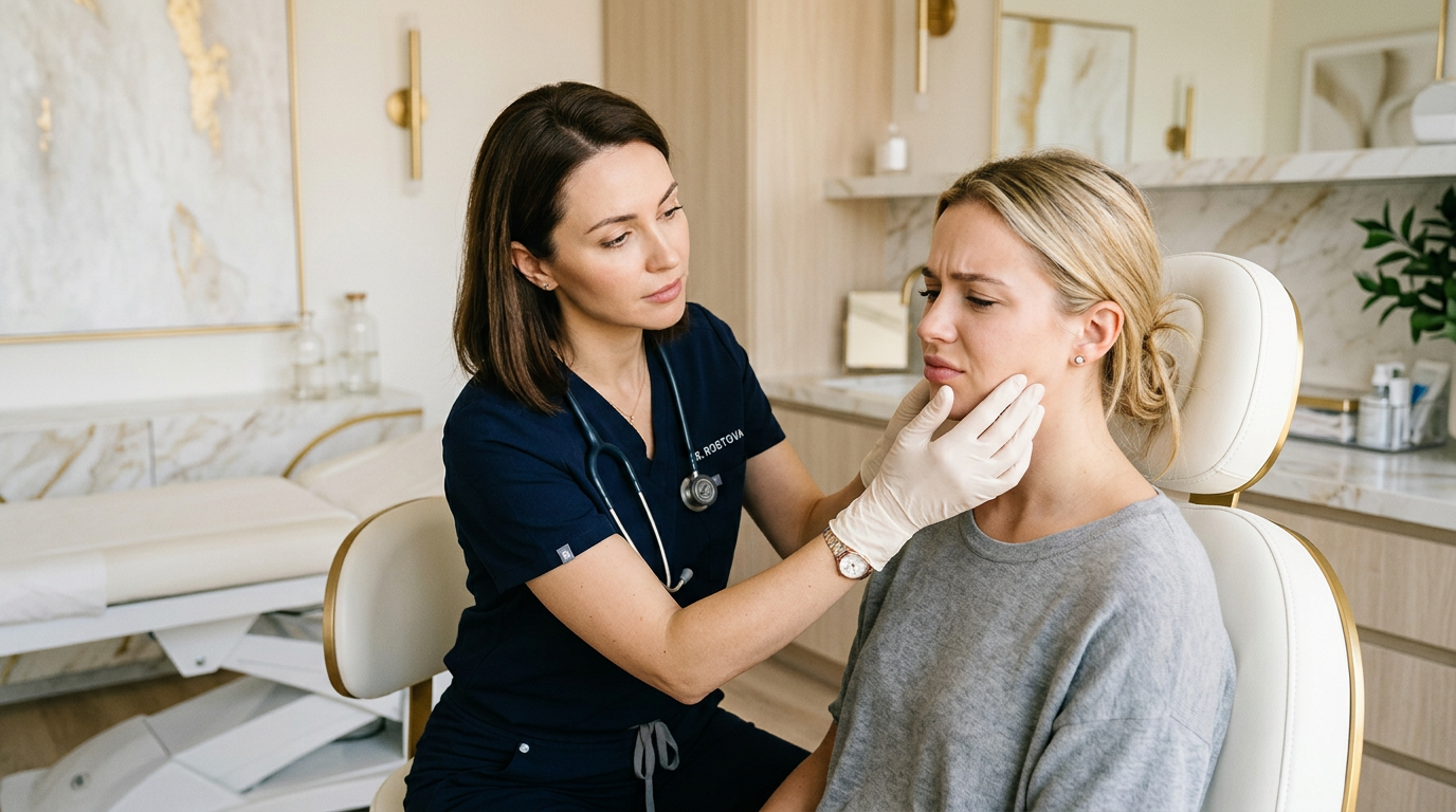 Paciente em consultório médico recebendo avaliação na região da mandíbula para tratamento de bruxismo