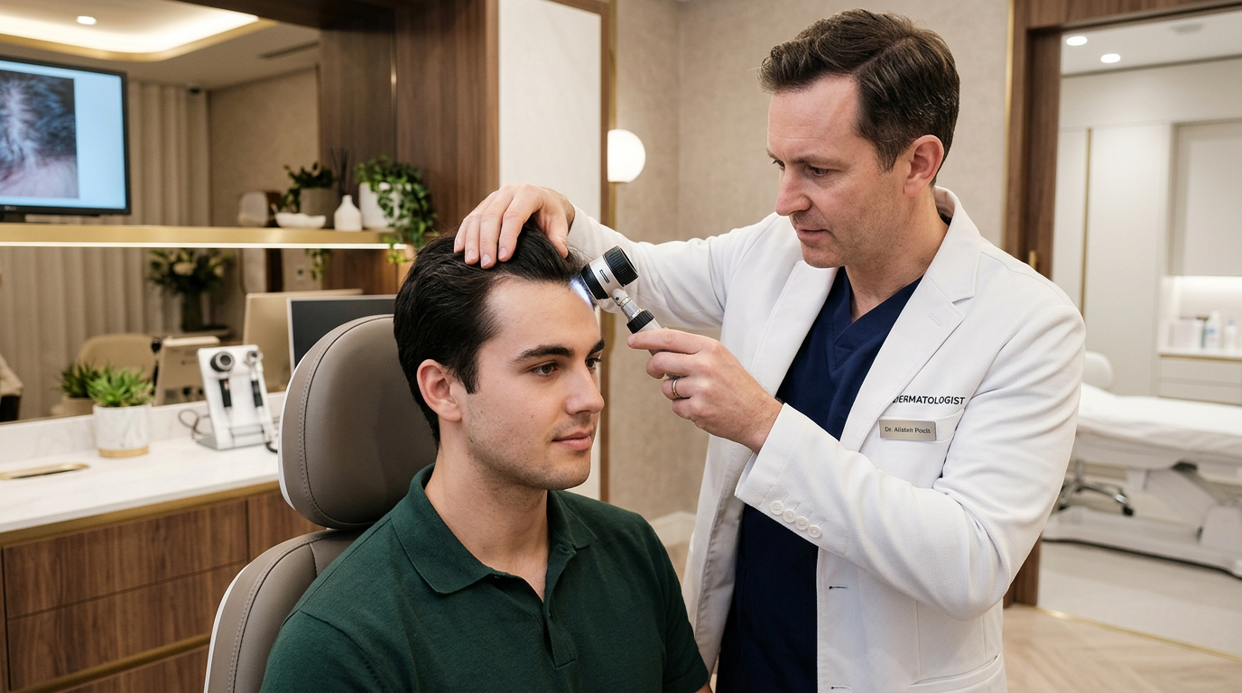 Dermatologista examinando couro cabeludo de paciente masculino em consultório