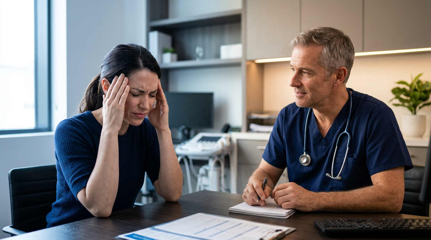 Mulher com as mãos na cabeça demonstrando dor de cefaleia em consultório médico