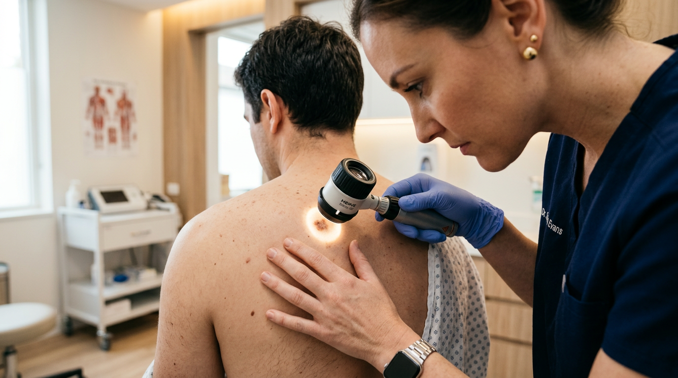 Dermatologista examinando a pele de paciente com dermatoscópio em consultório