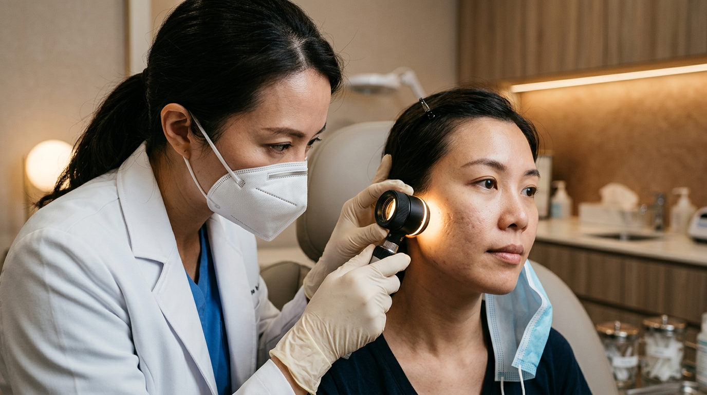 Dermatologista avaliando textura da pele de paciente para tratamento de cicatrizes de acne