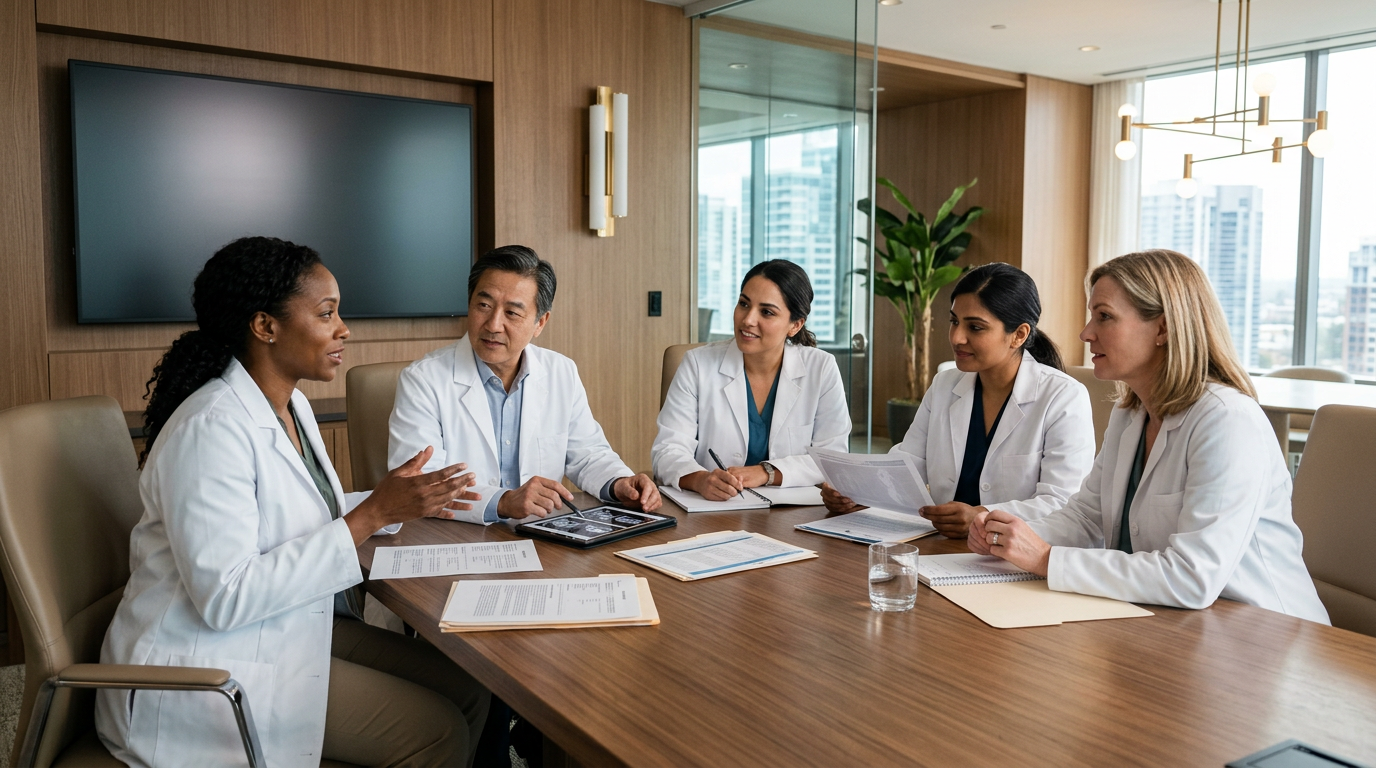Equipe médica multidisciplinar reunida em clínica moderna