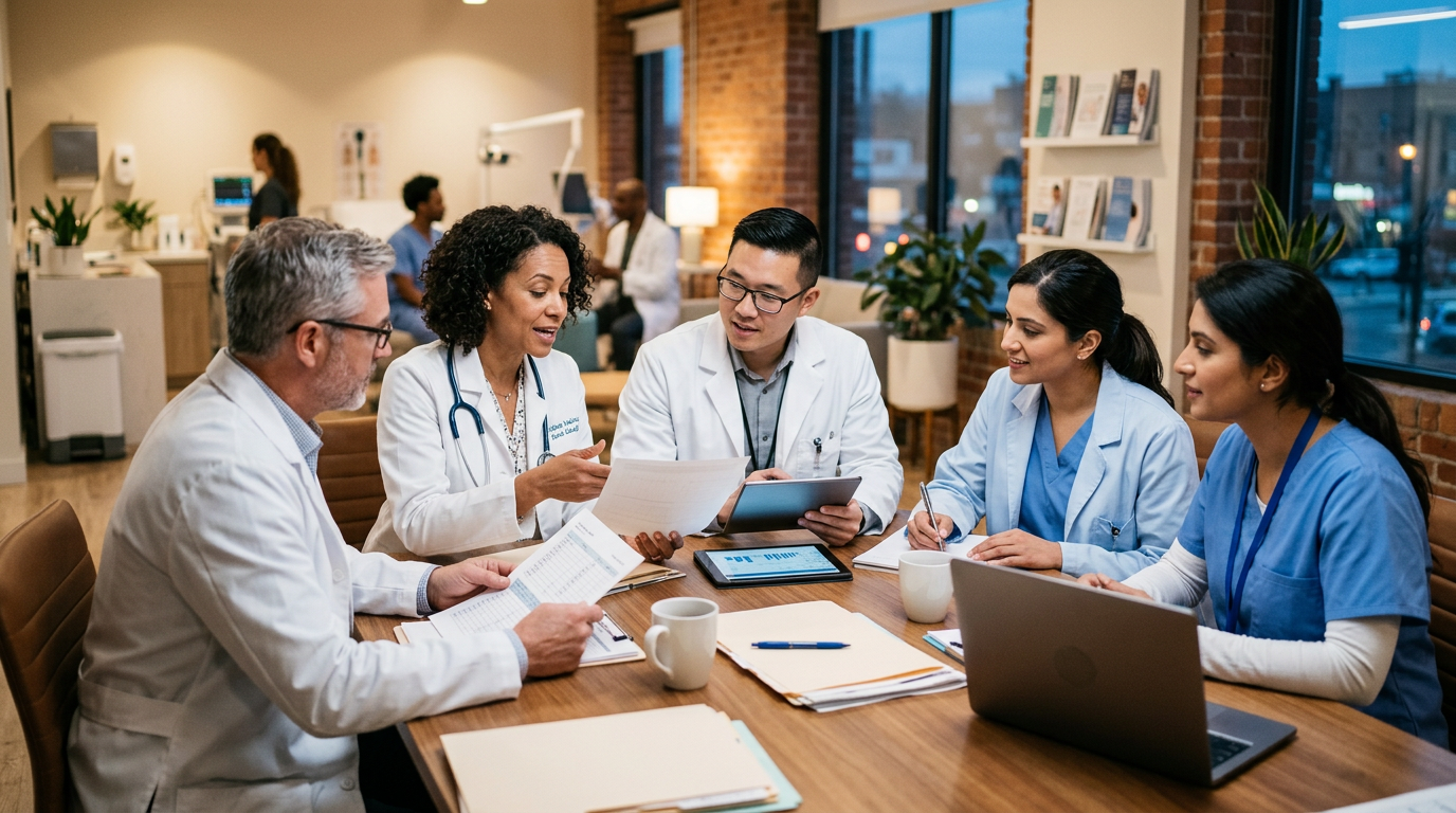 Equipe médica alinhando conduta e exames em cuidado integrado