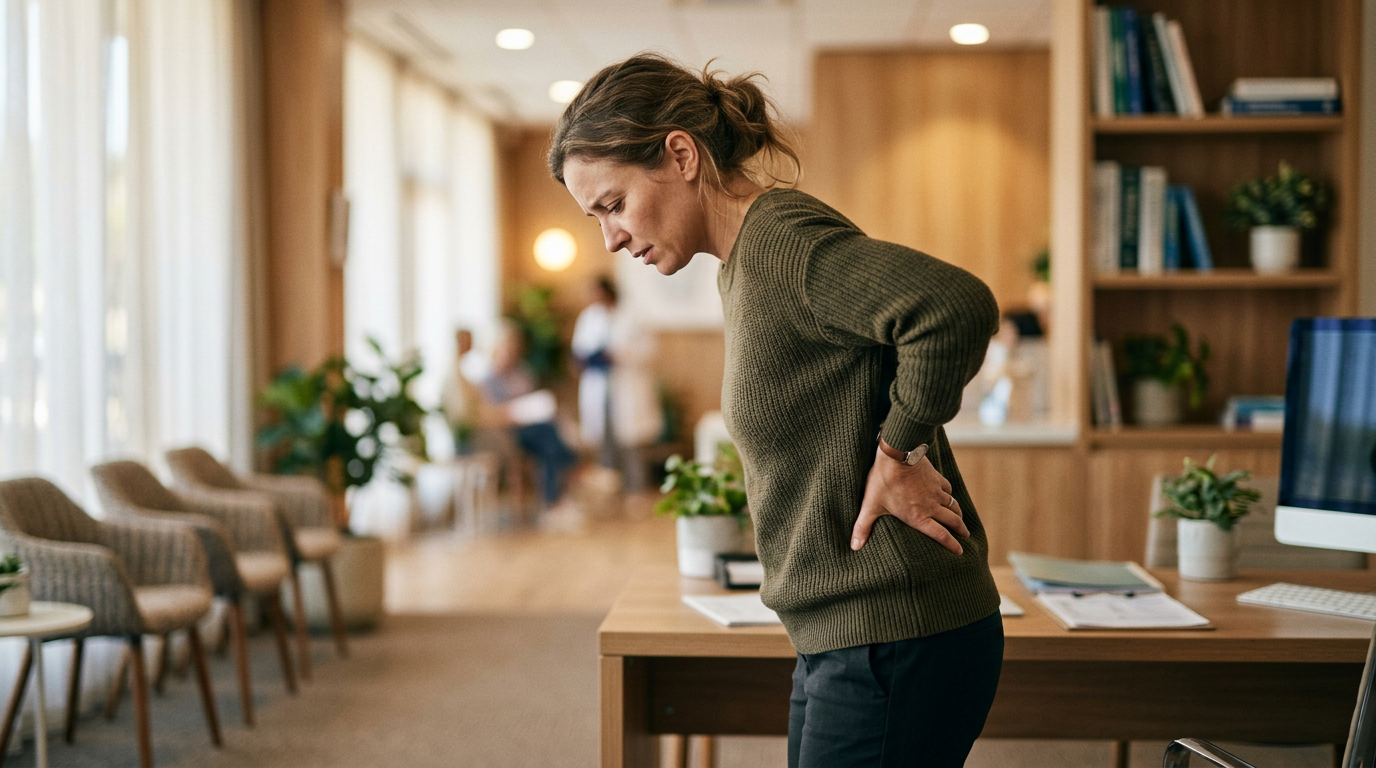 Especialista explicando dor crônica em consulta com contexto de coluna