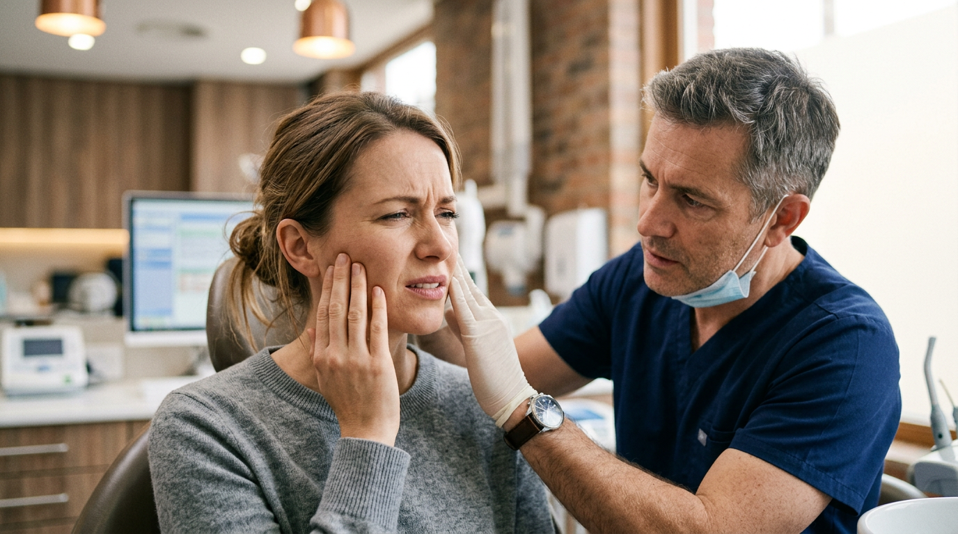 Paciente tocando a região facial com expressão de desconforto em consulta médica