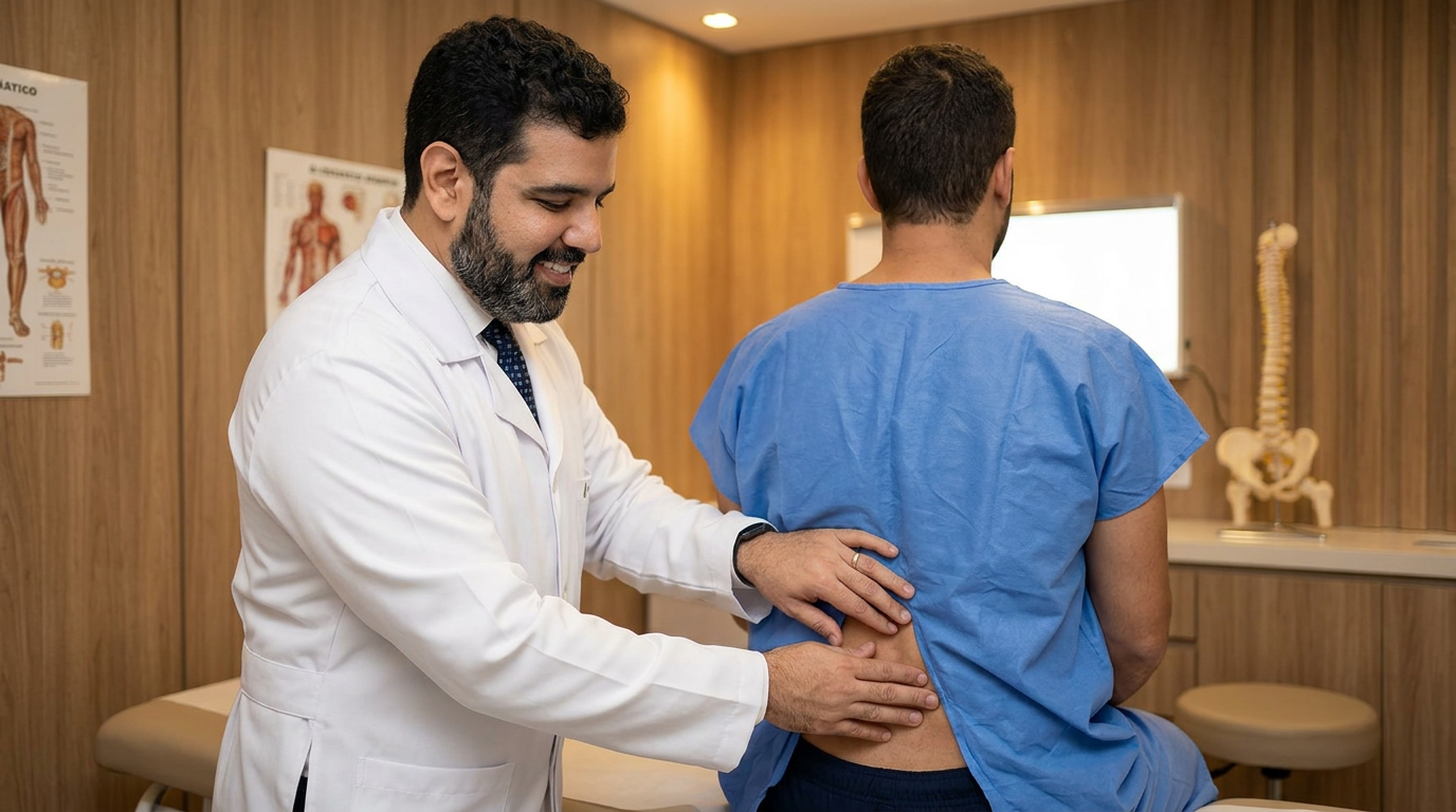 Paciente em consulta médica para avaliação de dor na coluna vertebral