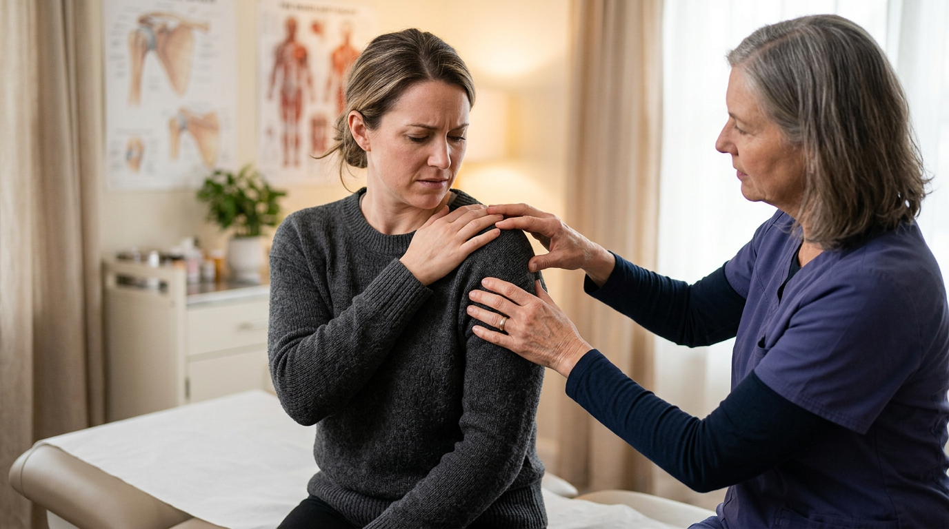 Paciente com dor no ombro durante avaliação médica especializada