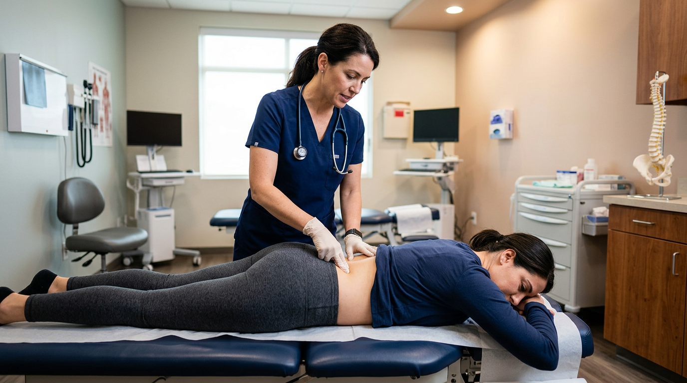 Médico avaliando região lombar e sacroilíaca de paciente em consultório