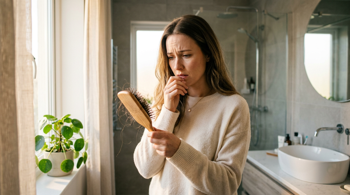 Mulher preocupada observando queda de cabelo na escova
