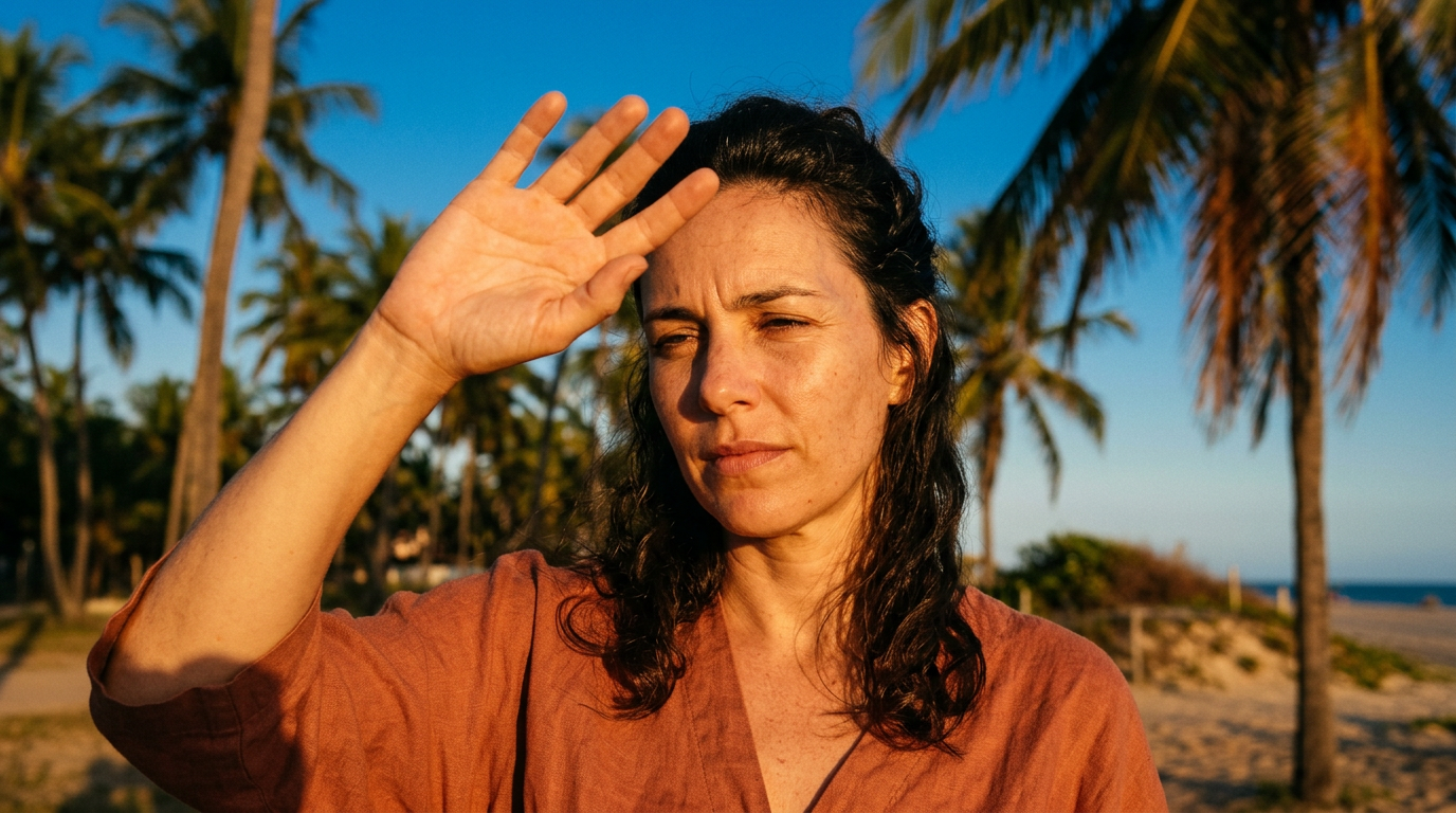 Mulher protegendo o rosto do sol intenso em Fortaleza