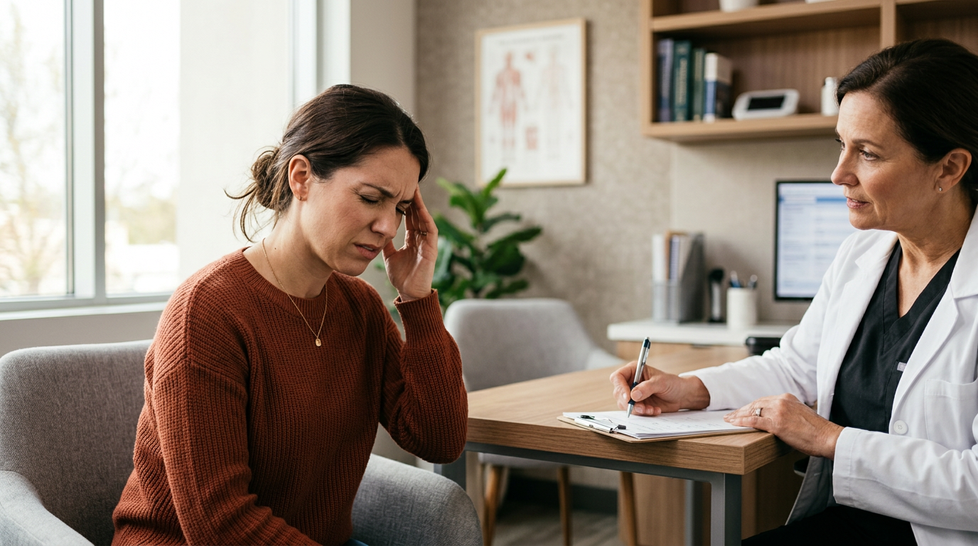 Paciente em consulta médica para tratamento de enxaqueca crônica na AVA Clínica