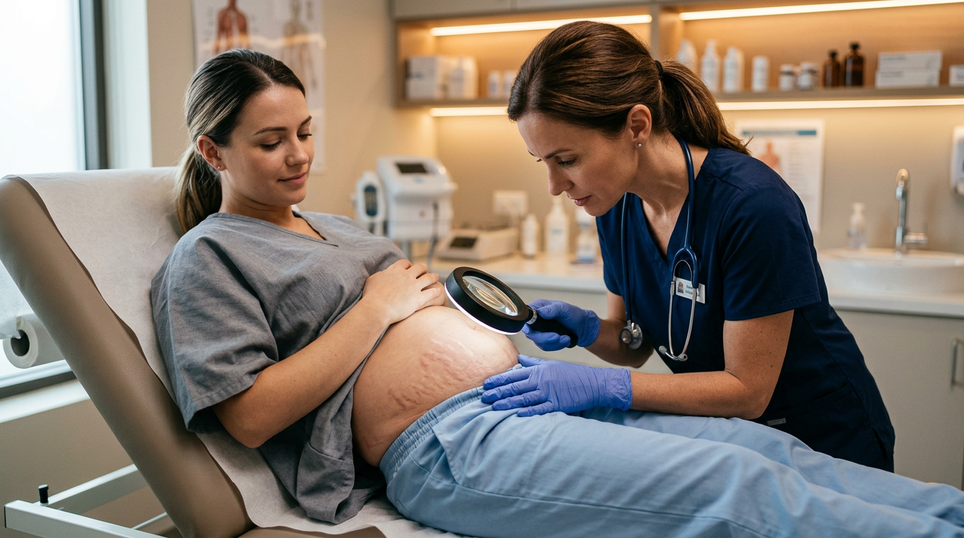 Dermatologista avaliando estrias em paciente para definir protocolo de tratamento