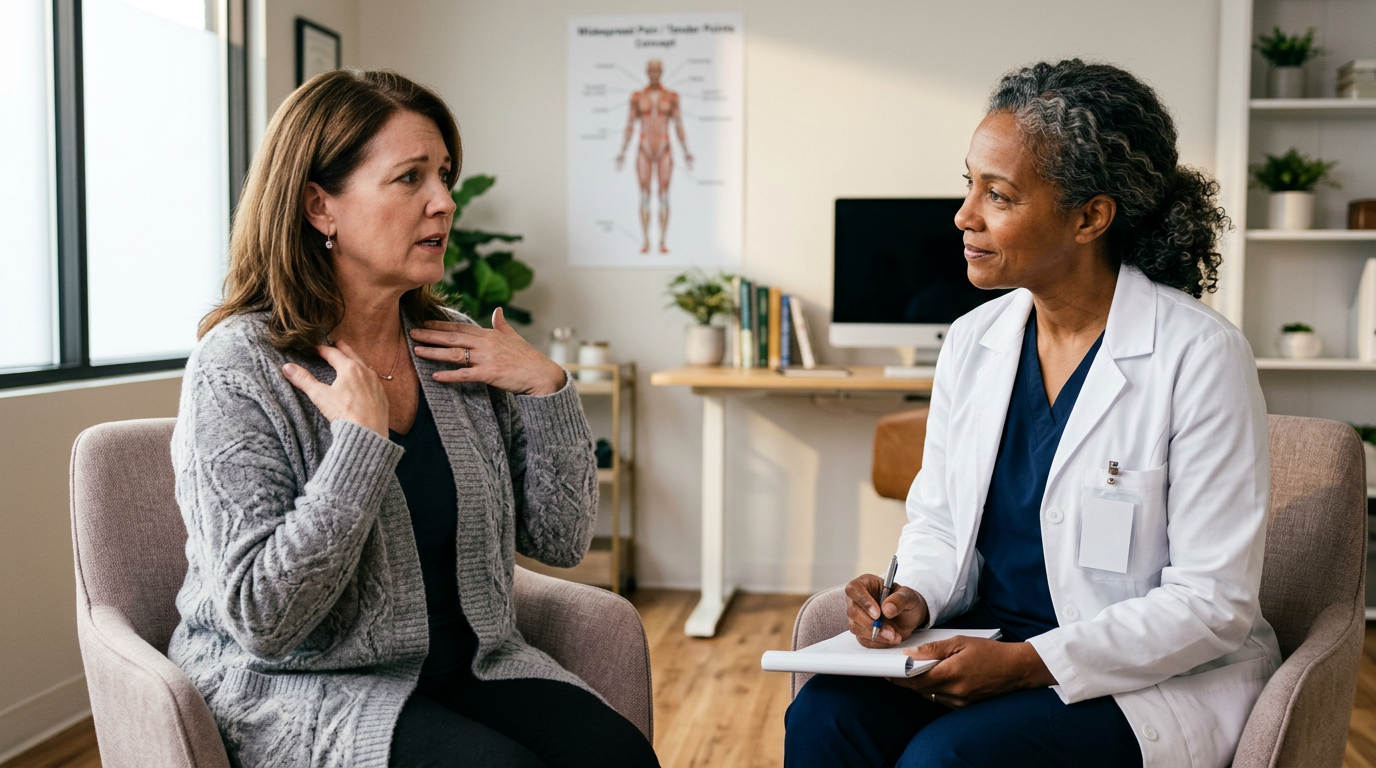 Paciente em consulta com especialista em dor para avaliação de fibromialgia