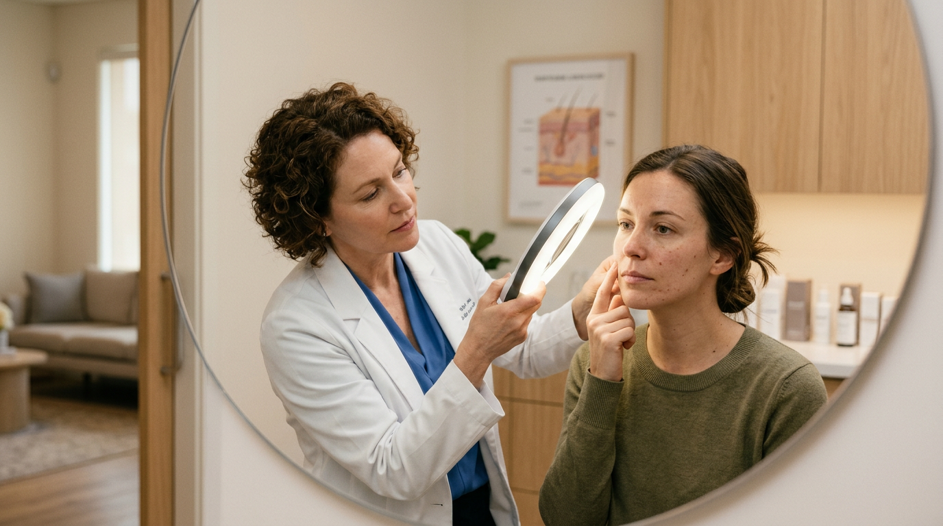Mulher em consulta dermatológica avaliando flacidez facial e opções de tratamento