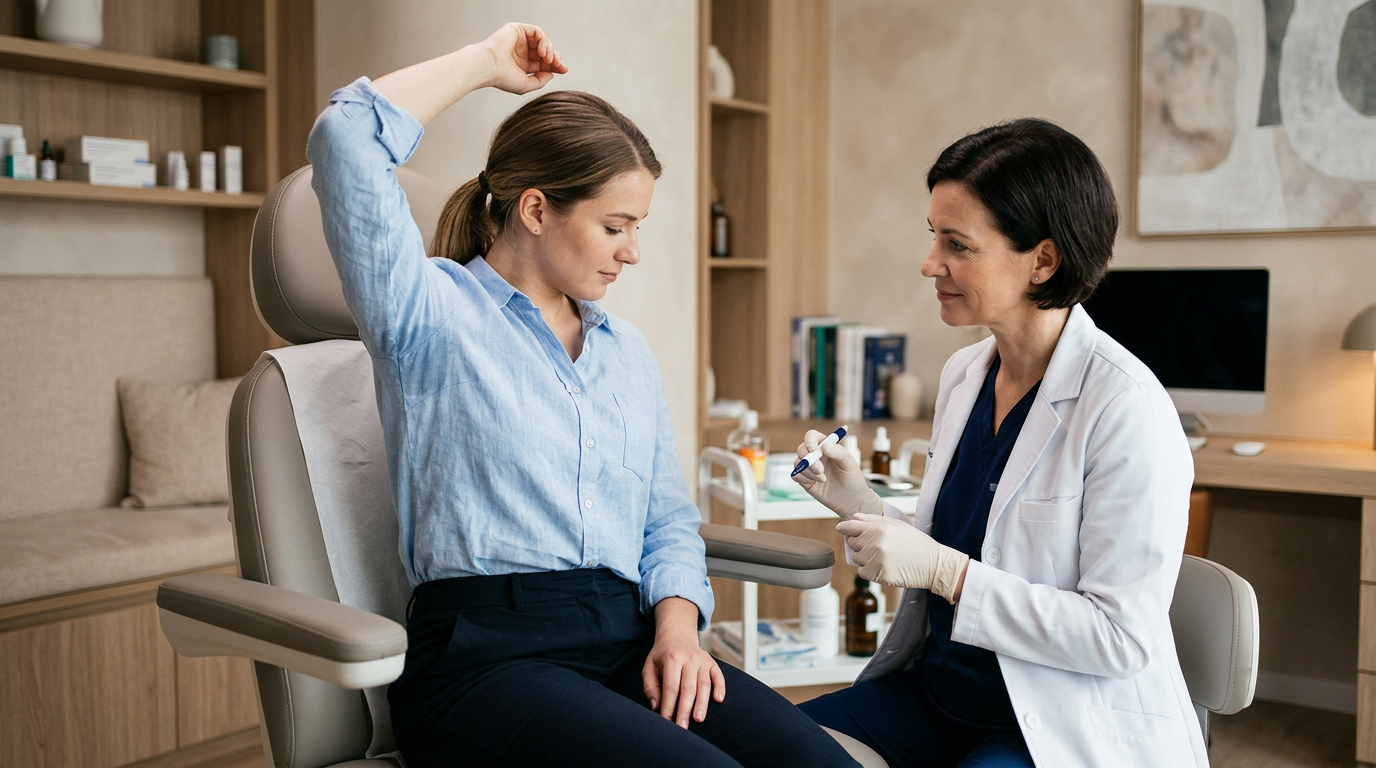 Paciente em consulta médica para avaliação de hiperidrose