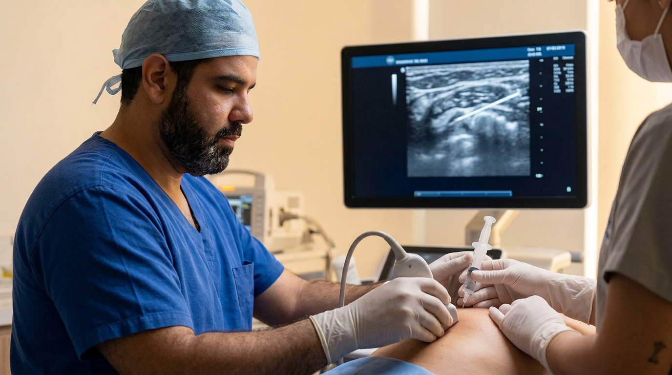 Médico realizando infiltração guiada por ultrassom em paciente na AVA Clínica