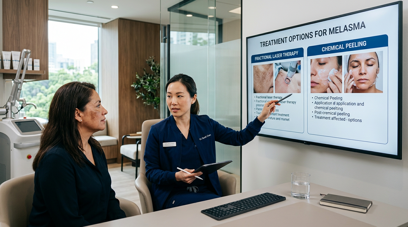 Dermatologista comparando opções de tratamento para melasma com paciente