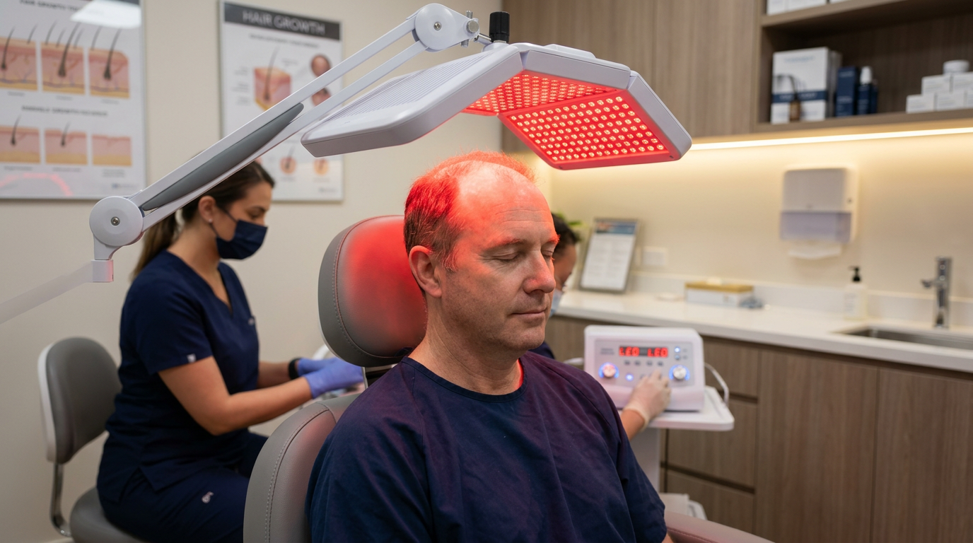 Paciente recebendo terapia com LED de baixa intensidade no couro cabeludo
