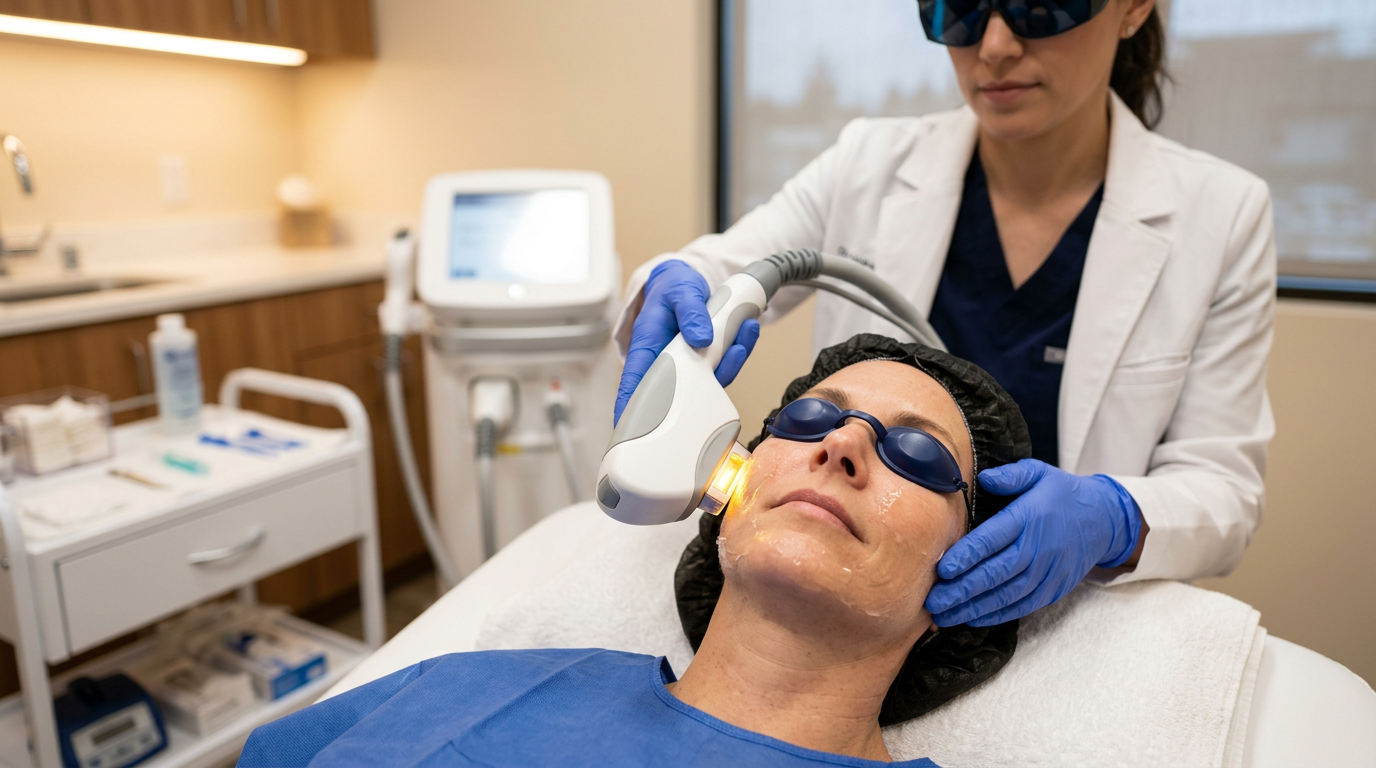 Equipamento de luz pulsada intensa em sala de procedimentos dermatológicos