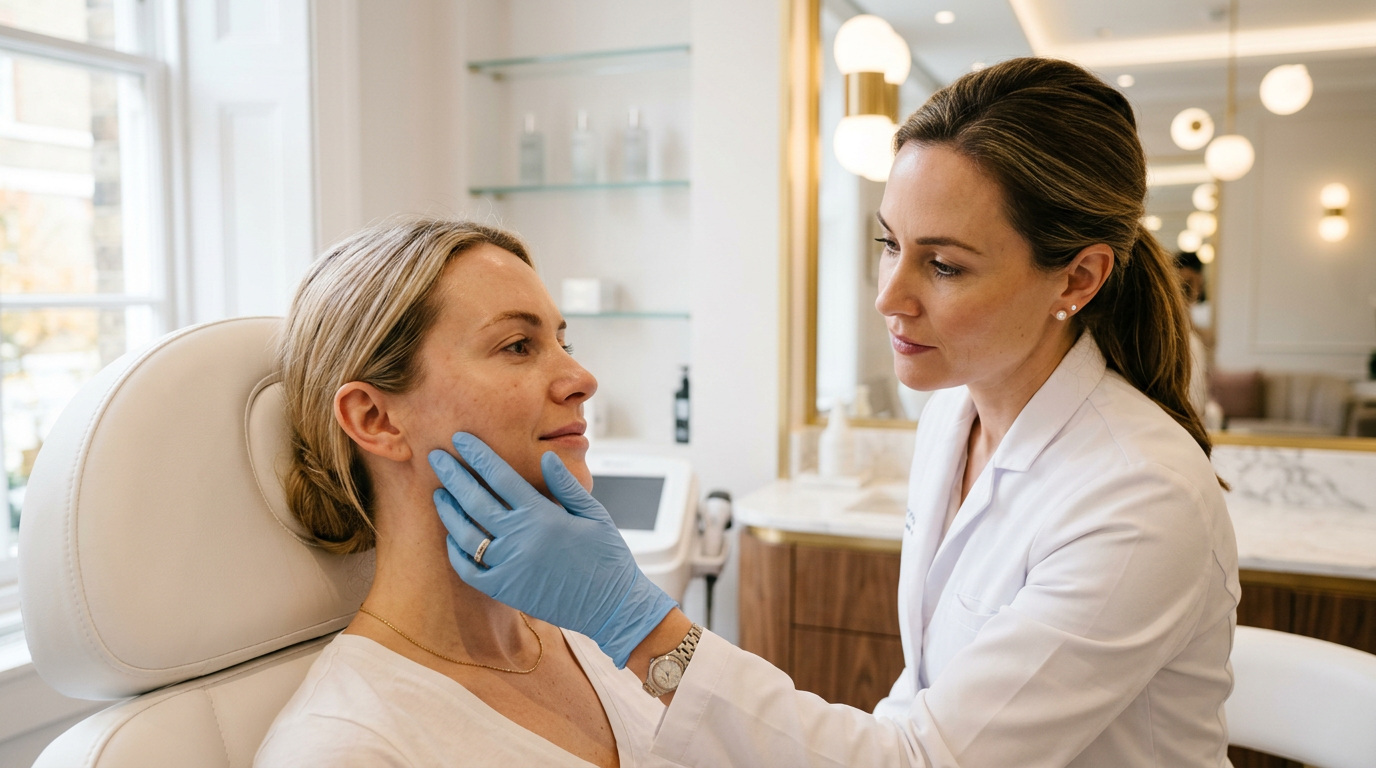 Dermatologista examinando a pele do rosto de paciente na AVA Clínica em Fortaleza