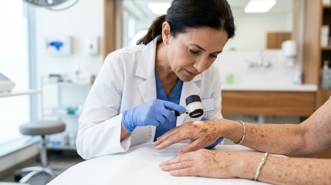 Dermatologista examinando manchas solares no dorso da mão de paciente