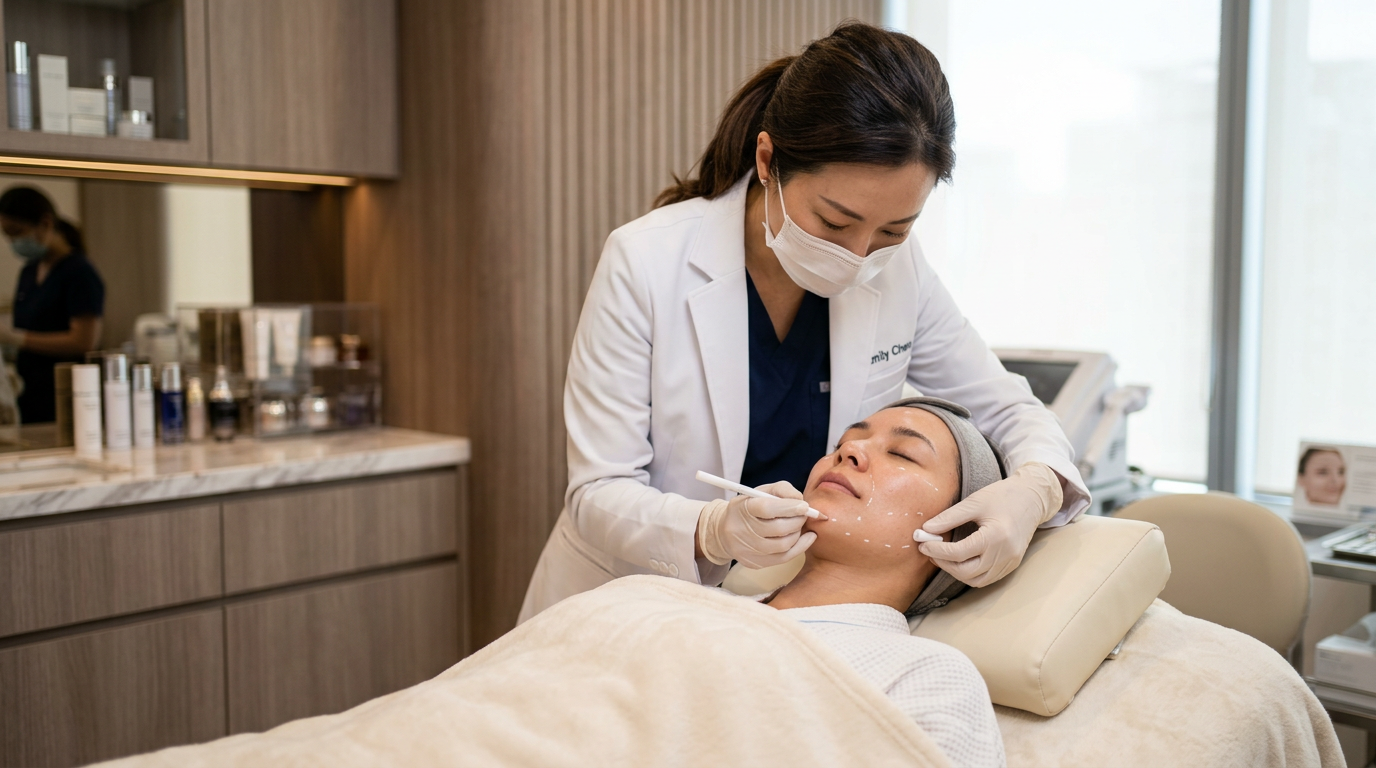 Dermatologista realizando marcação de pontos faciais para procedimento de preenchimento