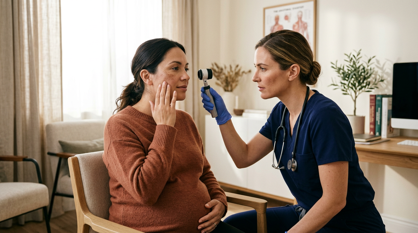 Gestante em consulta dermatológica para avaliação de manchas na pele