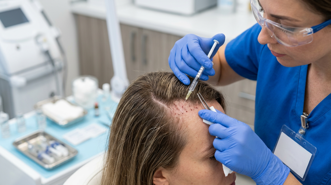 Dermatologista realizando mesoterapia capilar com microinjeções no couro cabeludo