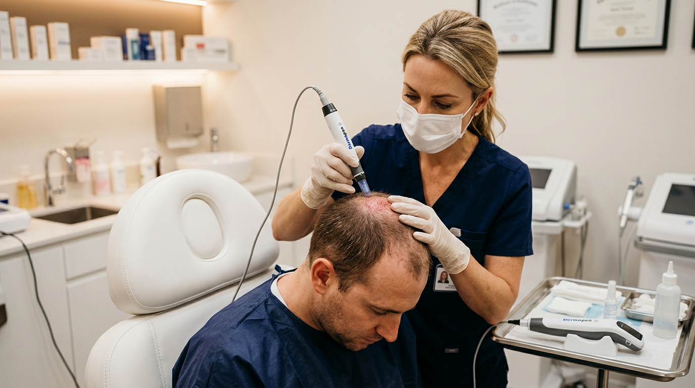 Dermatologista realizando procedimento de microagulhamento no couro cabeludo de paciente