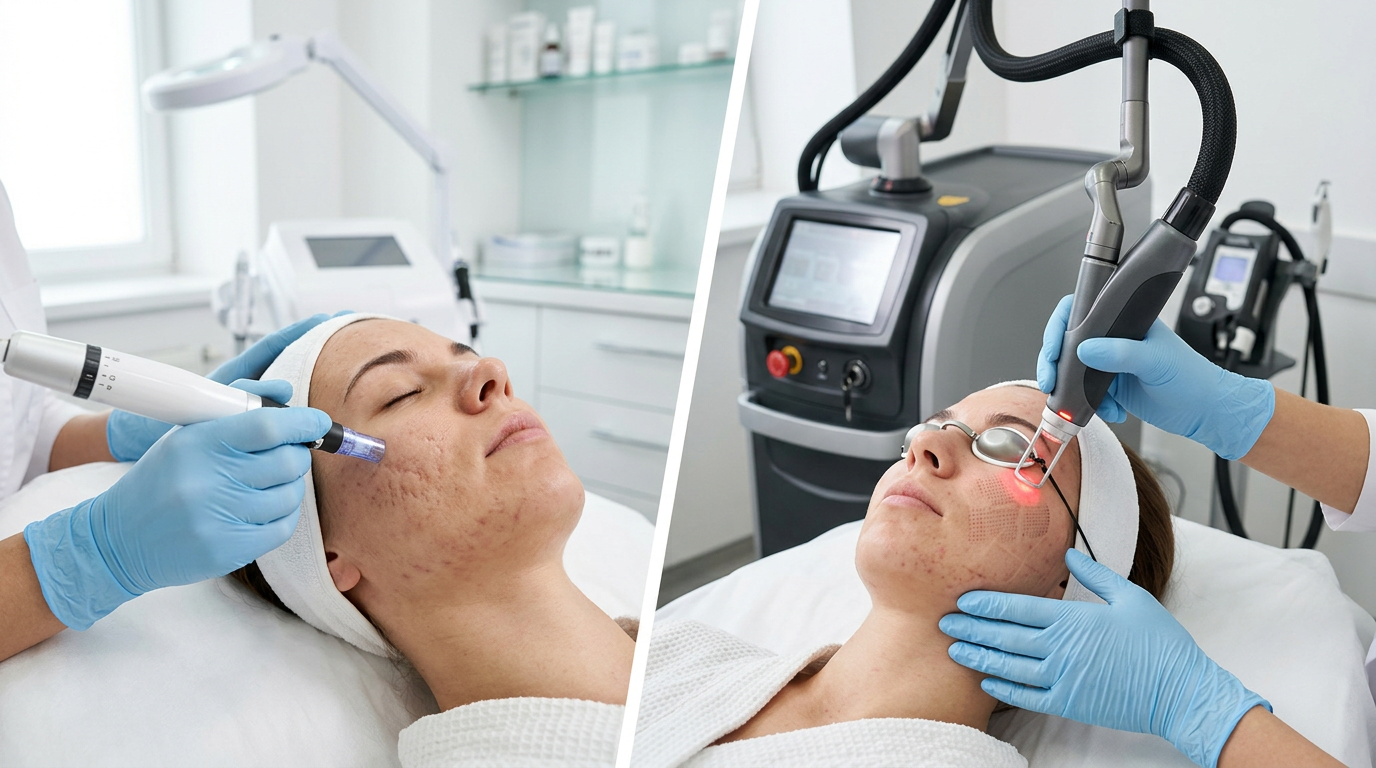 Antes e depois conceitual de tratamento de cicatrizes de acne em clínica dermatológica