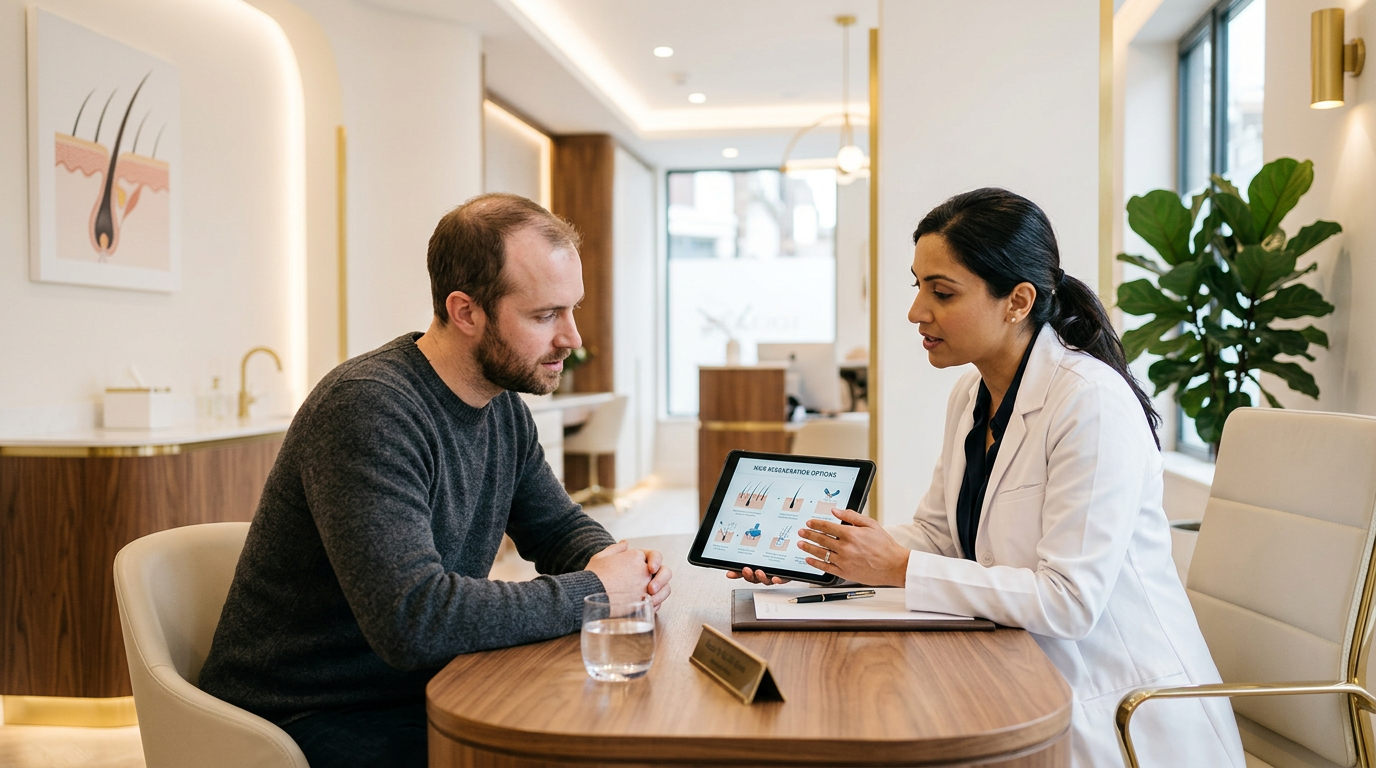 Paciente em consulta dermatológica para tratamento capilar
