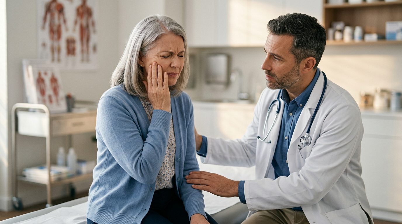 Paciente tocando o rosto com expressão de dor intensa em consulta médica