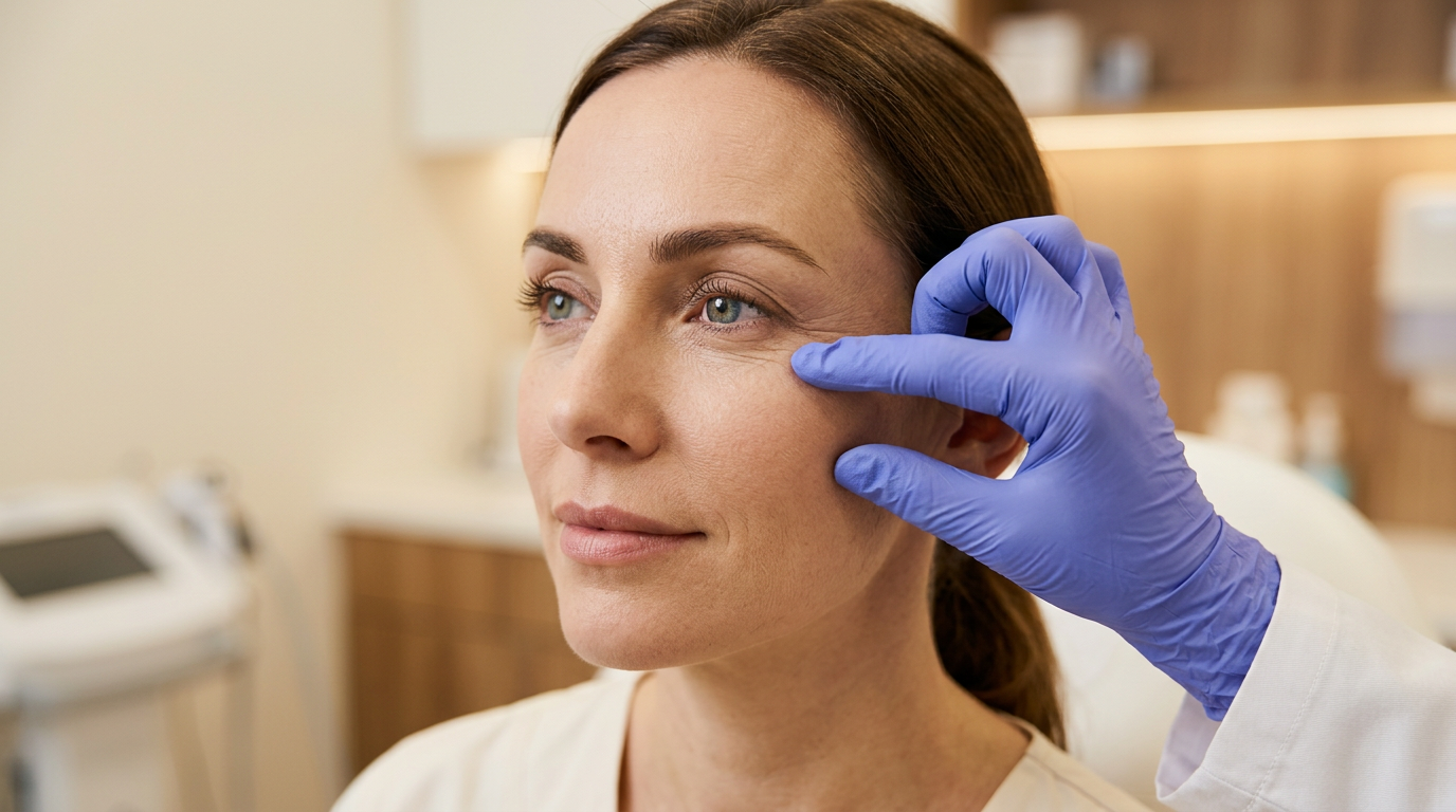Close-up de região periocular de paciente durante avaliação dermatológica