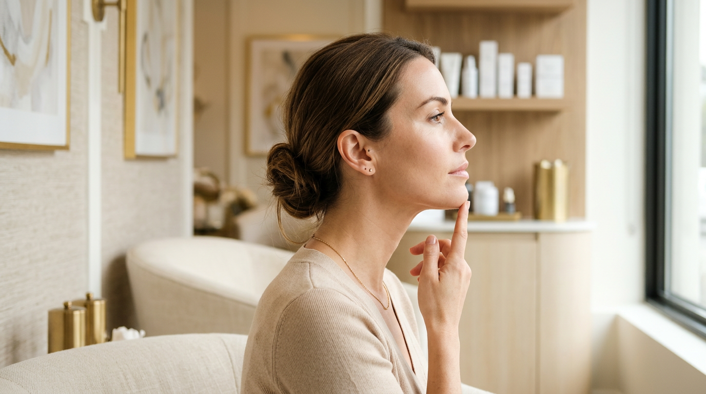 Perfil de paciente mostrando região do queixo e pescoço em consultório dermatológico